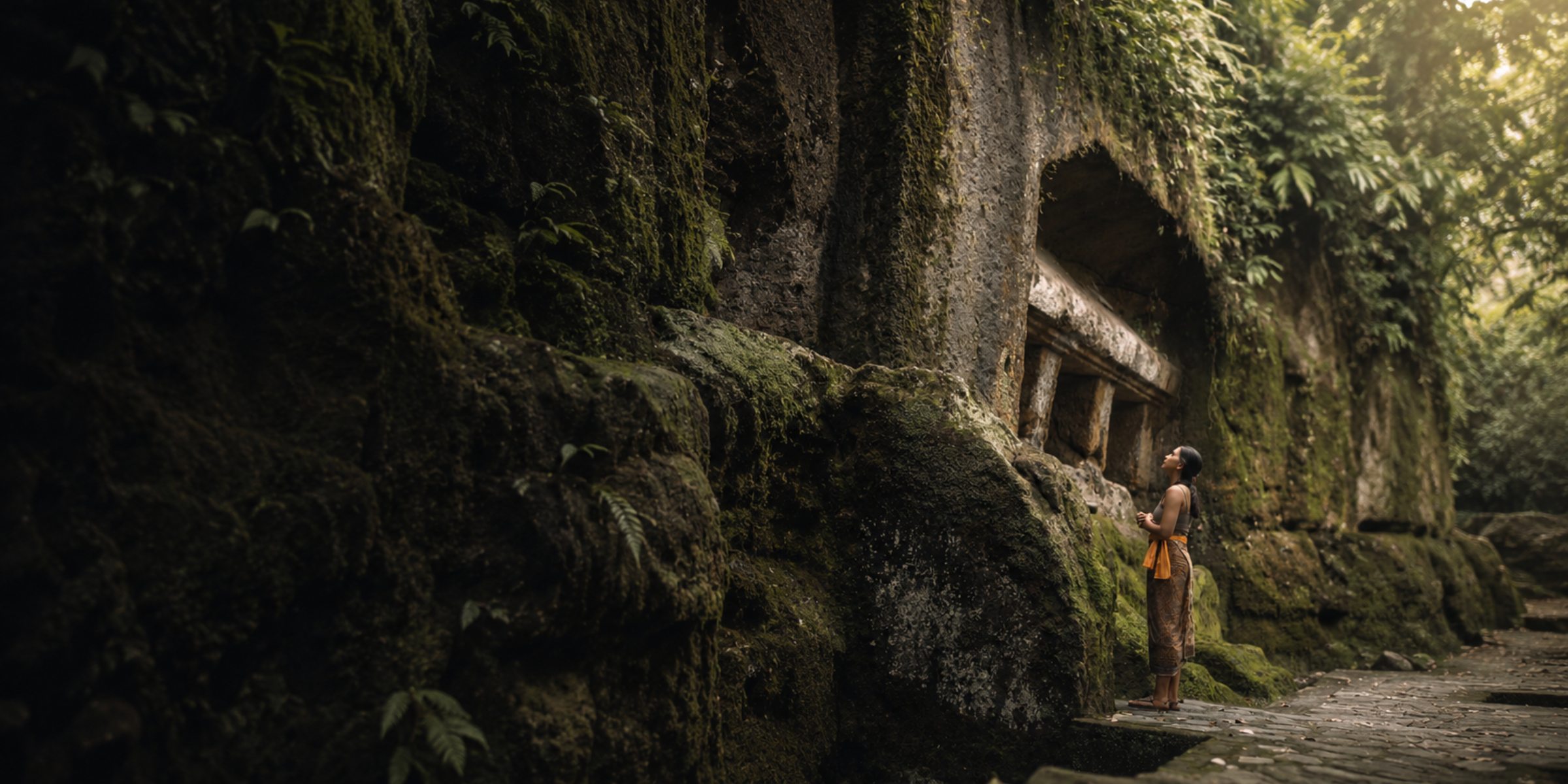 A woman standing before ancient moss-covered stone ruins
